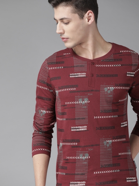 

Roadster Men Maroon Printed Henley Neck T-shirt