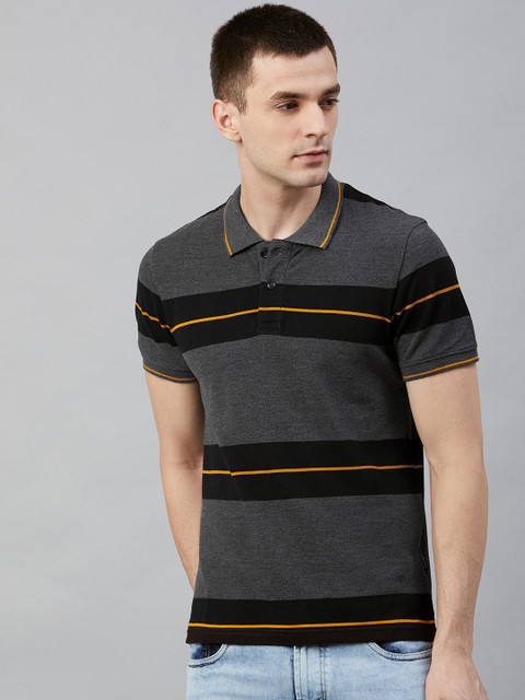 

Roadster Men Charcoal Grey & Black Striped Polo Collar T-shirt