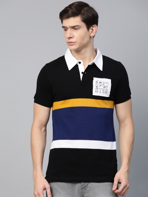 

Roadster Men Black & Blue Striped Polo Collar T-shirt