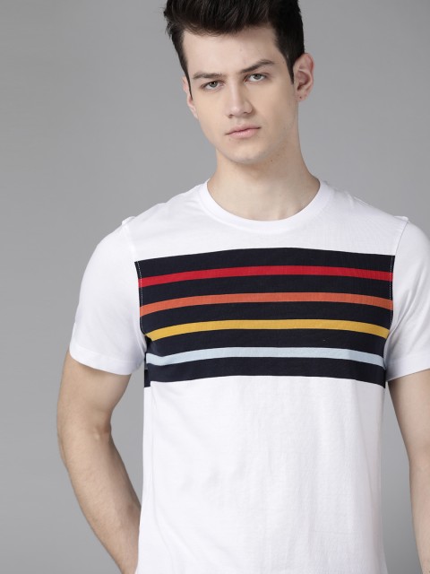 

Roadster Men White & Navy Blue Striped Round Neck T-shirt