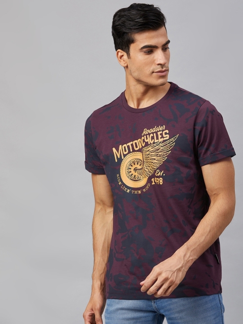 

Roadster Men Wine-Coloured and Navy Blue Printed Round Neck T-shirt, Purple