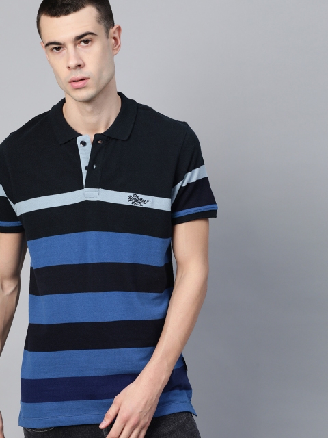 

Roadster Men Blue Pure Cotton Striped Polo Collar Pure Cotton T-shirt