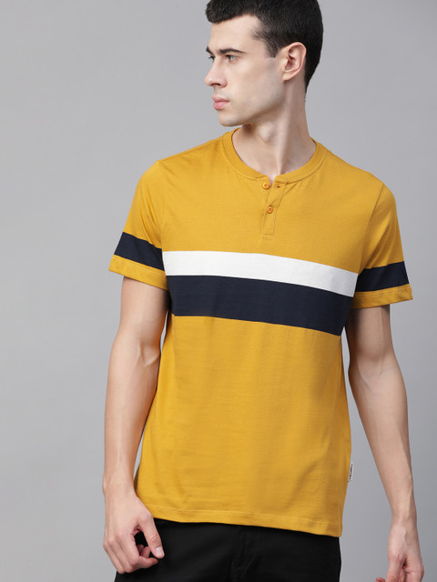 

Roadster Men Mustard Yellow Striped Mandarin Collar T-shirt