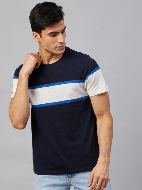 

Roadster Men Navy Blue and White Colourblocked Round Neck T-shirt