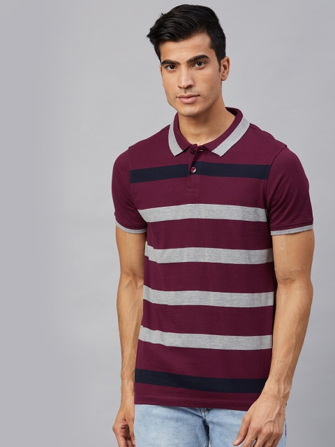 

Roadster Men Maroon and Grey Melange Striped Polo Collar T-shirt