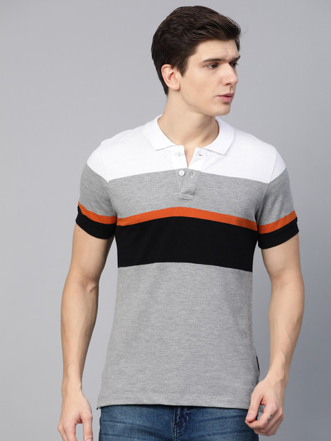 

Roadster Men Grey Melange & Black Striped Polo Collar T-shirt