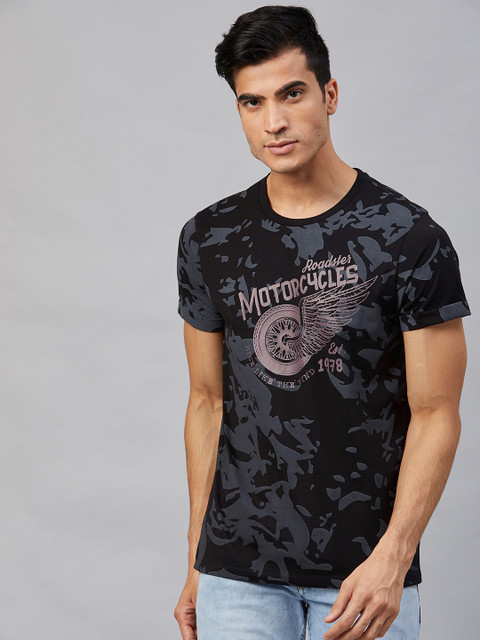 

Roadster Men Black & Grey Printed Round Neck T-shirt