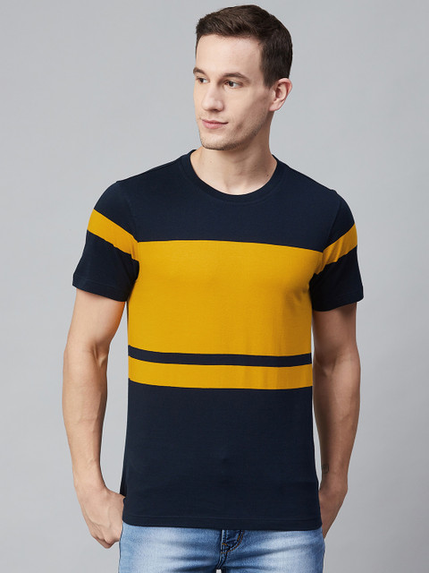 

Roadster Men Navy Blue & Mustard Yellow Colourblocked T-Shirt