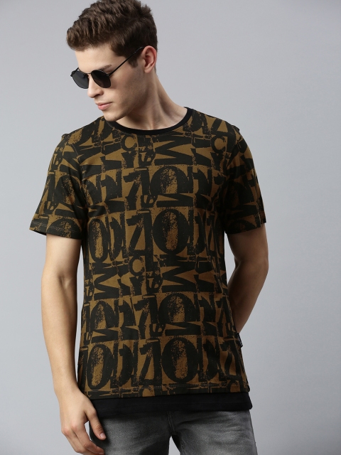 

Roadster Men Brown Green Printed Round Neck Pure Cotton T-shirt