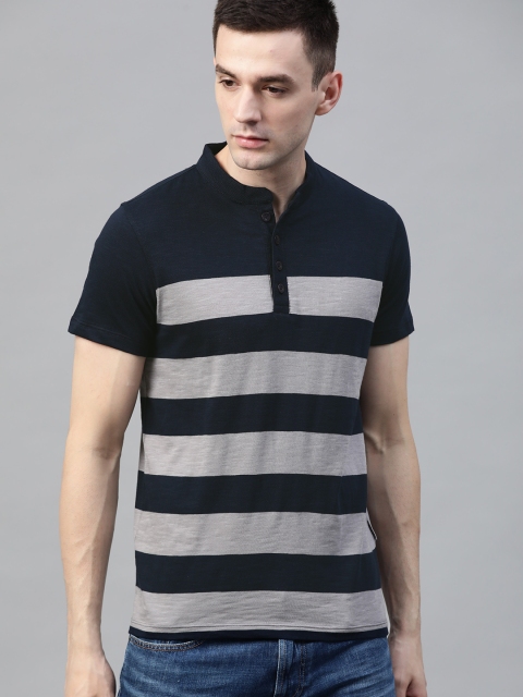

Roadster Men Navy Blue & Grey Striped Mandarin Collar T-shirt
