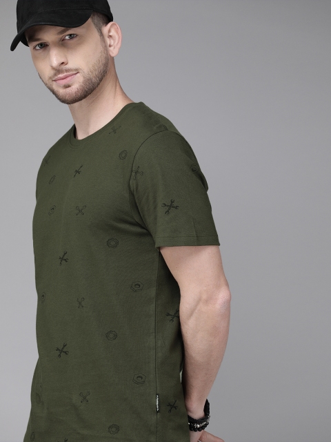 

Roadster Men Olive Green & Black Printed Round Neck T-shirt