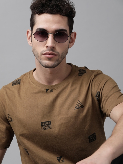 

Roadster Men Brown & Black Printed Pure Cotton Round Neck T-shirt