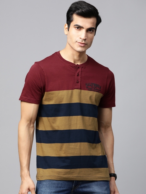 

Roadster Men Maroon & Olive Brown Striped Henley Neck T-shirt