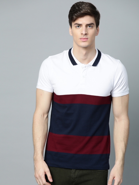 

Roadster Men White & Navy Blue Striped Polo Collar T-shirt