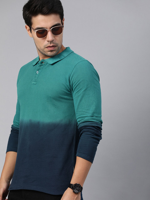 

Roadster Men Navy Blue & Sea Green Colourblocked Polo Collar T-shirt
