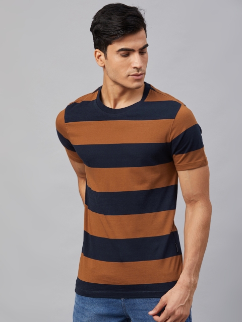 

Roadster Men Rust Brown and Navy Blue Striped Round Neck T-shirt