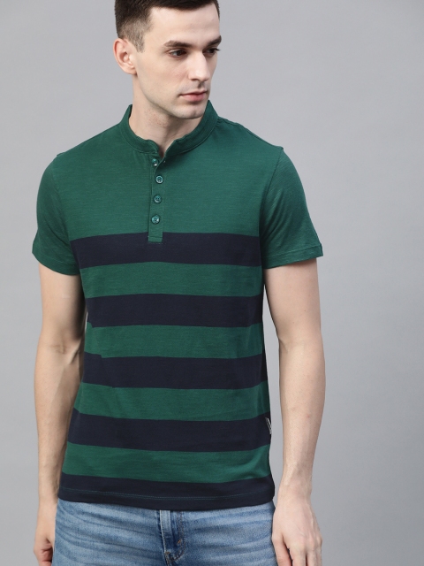 

Roadster Men Green & Navy Blue Striped Mandarin Collar T-shirt