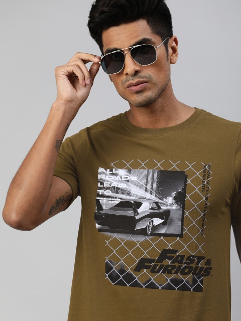 

Roadster Men Olive Green Fast Furious Print Round Neck Pure Cotton T-shirt