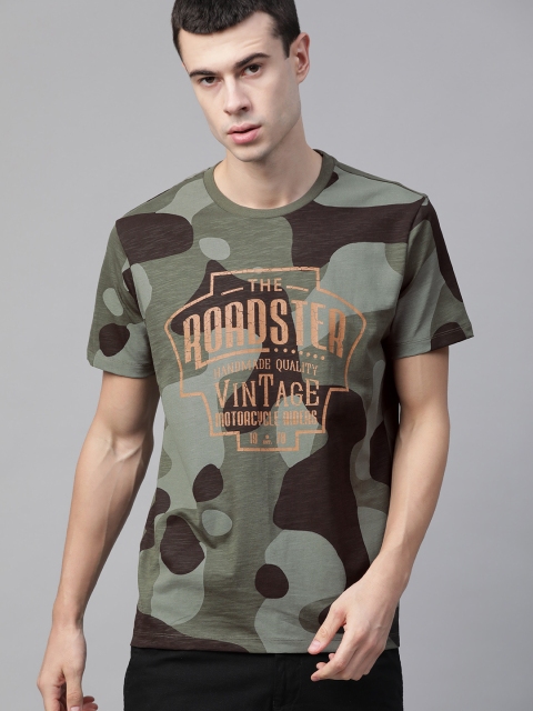 

Roadster Men Olive Green & Coffee Brown Camouflage Print Round Neck T-shirt