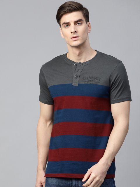 

Roadster Men Navy Blue & Maroon Striped Henley Neck T-shirt