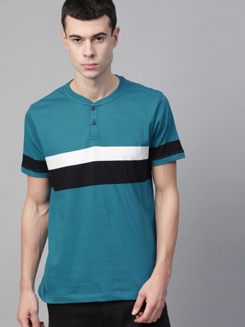 

Roadster Men Teal Blue Striped Mandarin Collar T-shirt