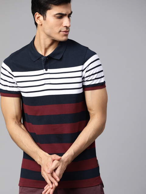 

Roadster Men Navy Blue & Maroon Striped Polo Collar T-Shirt