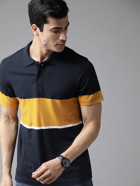 

Roadster Men Navy Blue & Mustard Yellow Colourblocked Polo Collar T-shirt
