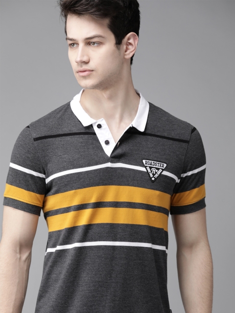 

Roadster Men Charcoal Grey & Mustard Yellow Striped Polo Collar T-shirt
