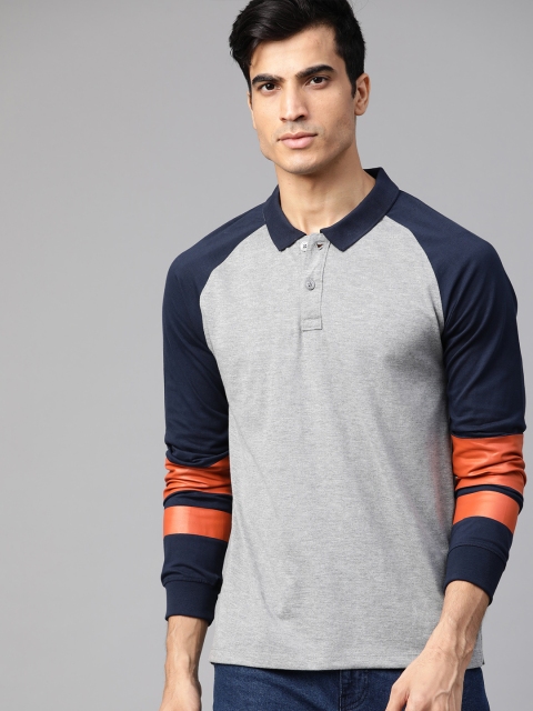 

Roadster Men Grey Melange Colourblocked Polo Collar T-shirt