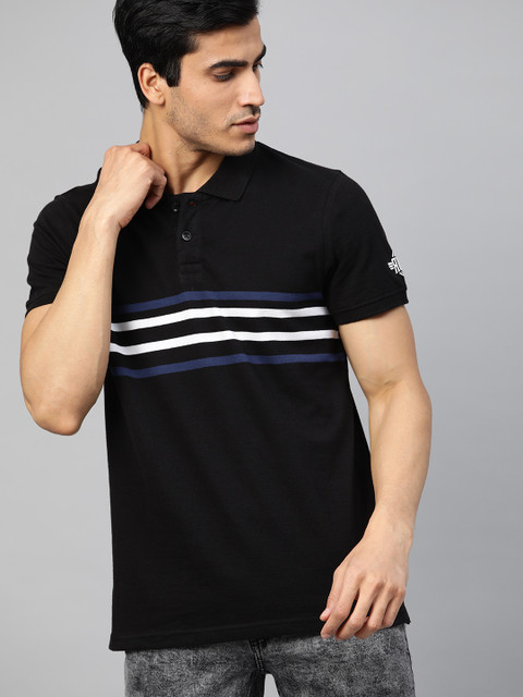 

Roadster Men Black And White Striped Polo Collar T-shirt