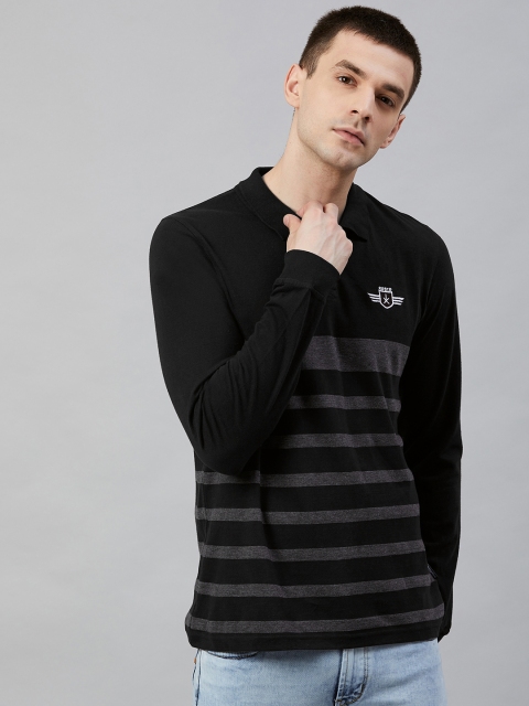 

Roadster Men Black and Charcoal Grey Striped Polo Collar T-shirt