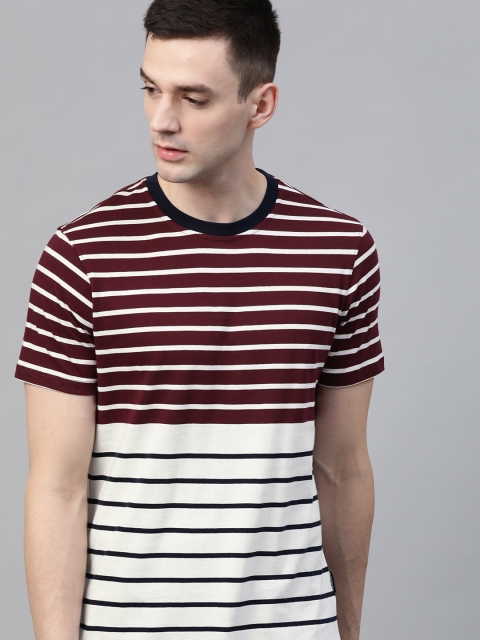 

Roadster Men Burgundy White Striped Round Neck Pure Cotton T-shirt