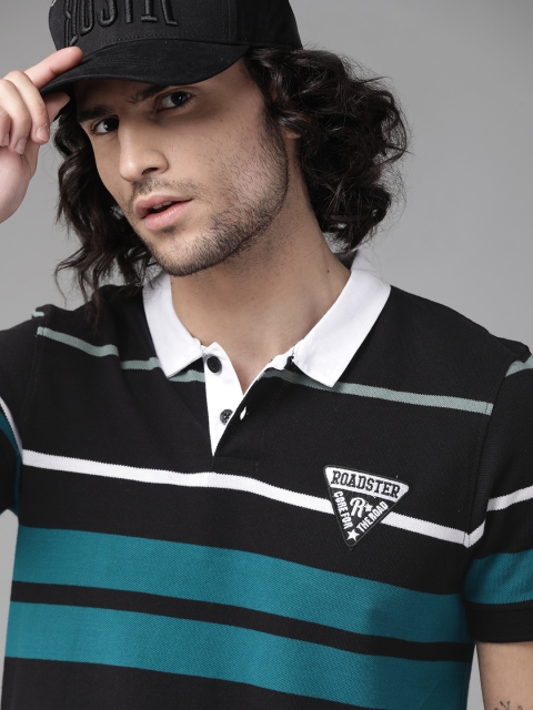 

Roadster Men Black & Blue Striped Pure Cotton Polo Collar T-shirt