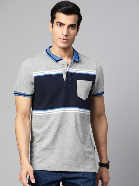 

Roadster Men Grey Melange & Navy Blue Colourblocked Polo Collar T-shirt