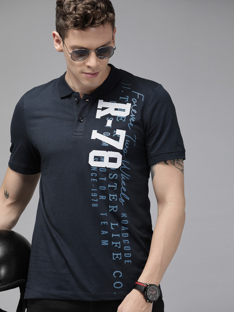 

Roadster Men Navy Blue Pure Cotton Printed Polo Collar T-shirt