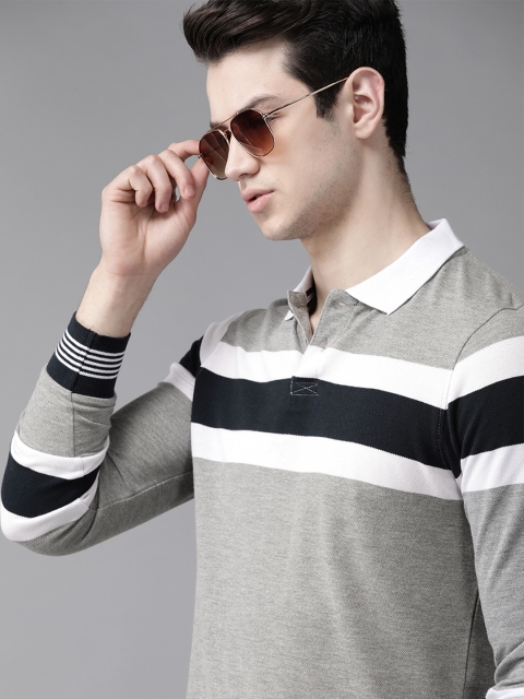 

Roadster Men Grey & Navy Blue Striped Polo Collar T-shirt