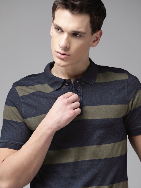 

Roadster Men Navy Olive Green Pure Cotton Striped Polo Collar Pure Cotton T-shirt, Navy blue