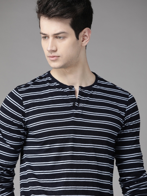 

Roadster Men Navy Blue Striped Henley Neck T-shirt
