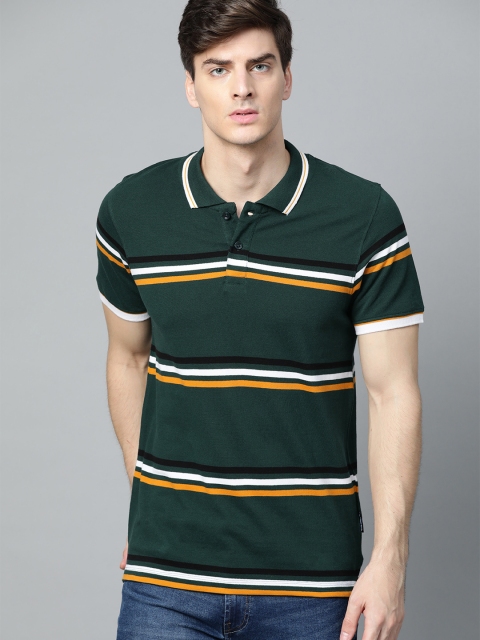 

Roadster Men Green Striped Polo Collar T-shirt