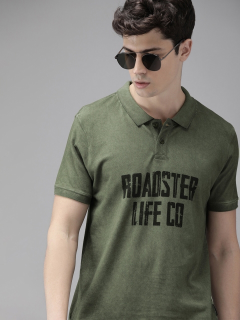 

Roadster Men Olive Green Printed Polo Collar Pure Cotton T-shirt