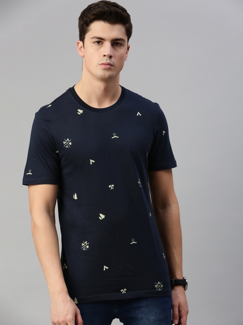 

Roadster Men Navy Blue Conversational Printed Round Neck Pure Cotton T-shirt