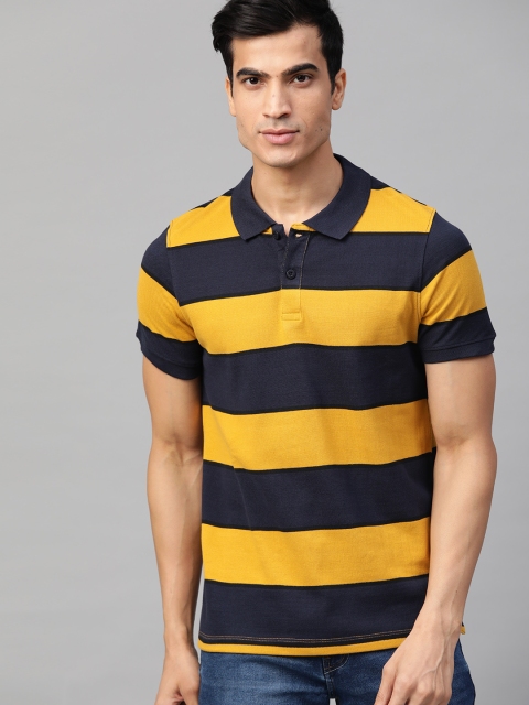 

Roadster Men Mustard Yellow & Navy Blue Striped Polo Collar T-shirt