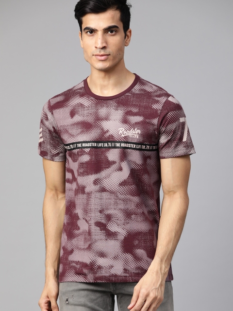 

Roadster Men Burgundy & Grey Printed Round Neck T-shirt