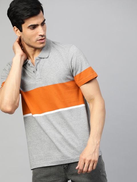 

Roadster Men Grey Melange & Orange Colourblocked Polo Collar T-shirt