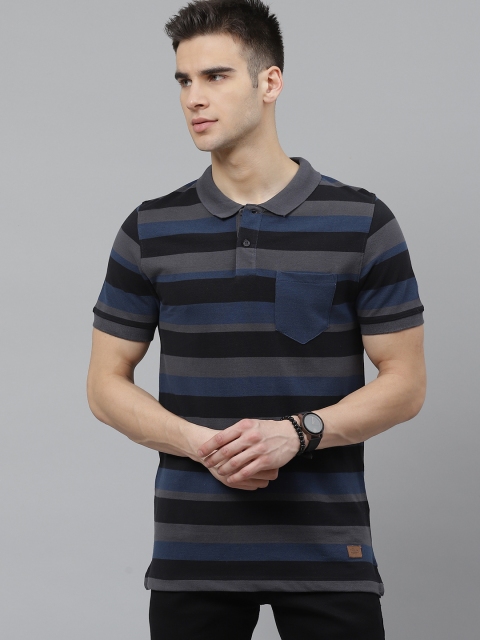 

Roadster Men Charcoal Grey & Black Cotton Striped Polo Collar T-shirt
