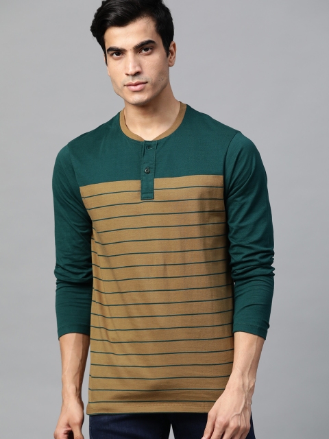 

Roadster Men Mustard Brown & Teal Green Striped Henley Neck T-shirt