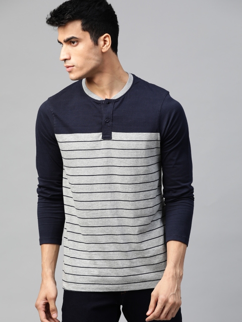 

Roadster Men Grey Melange & Navy Blue Striped Mandarin Collar T-shirt