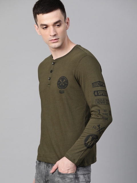 

Roadster Men Olive Green Solid Henley Neck T-shirt