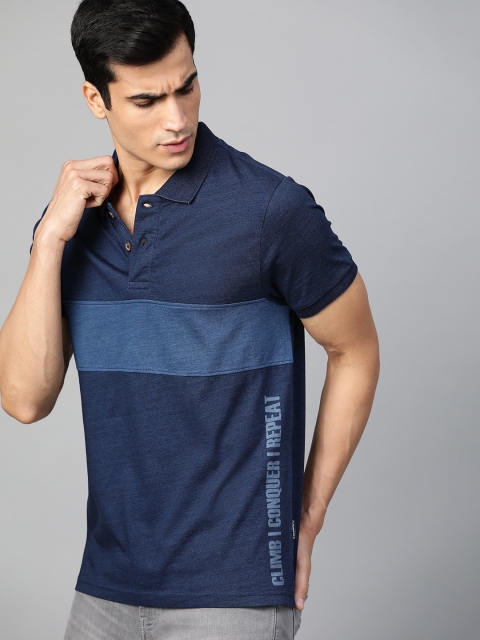 

Roadster Men Indigo Dyed Colourblocked Polo Collar T-shirt, Navy blue