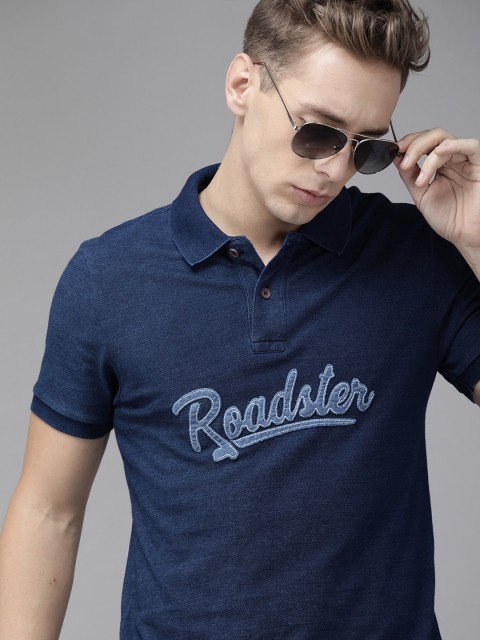 

Roadster Men Navy Blue Solid Polo Collar T-shirt with Applique